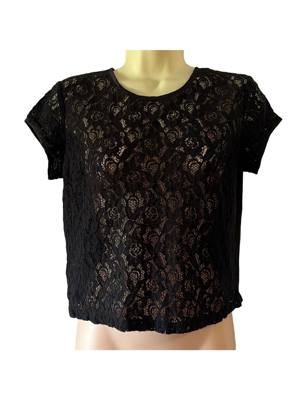 H&M Divided Size 4 Black Lace and Chiffon Blouse Cropped